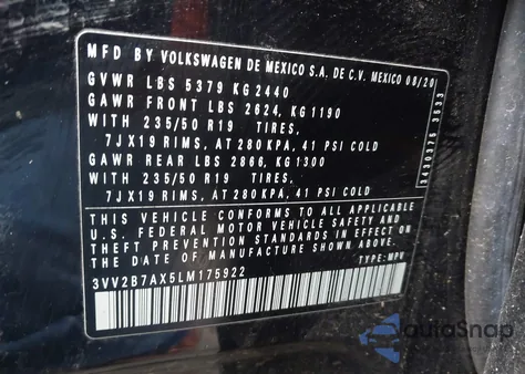 2020 Volkswagen Tiguan 2.0T Se/2.0T Se R-Line Black/2.0T Sel z USA, uszkodzony, nr VIN 3VV2B7AX5LM175922